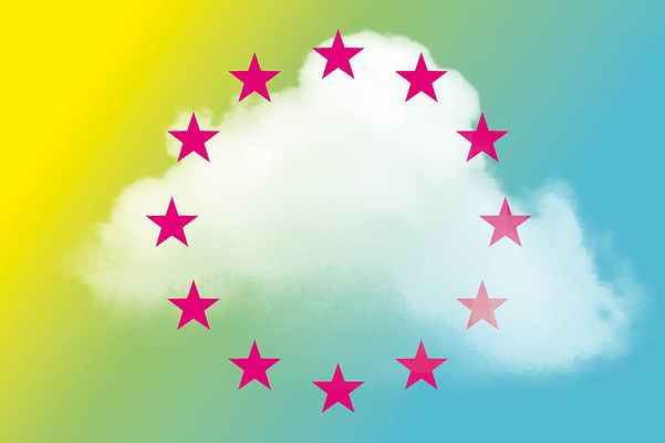 Europa Flagge angepasst: Magenta Sterne auf gelb-grün-blauem Hintergrund sowie einer Cloud