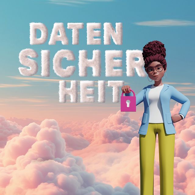 Datensicherheit in Wolkenschrift, davor eine Frau, die ein Schloß in der Hand hält