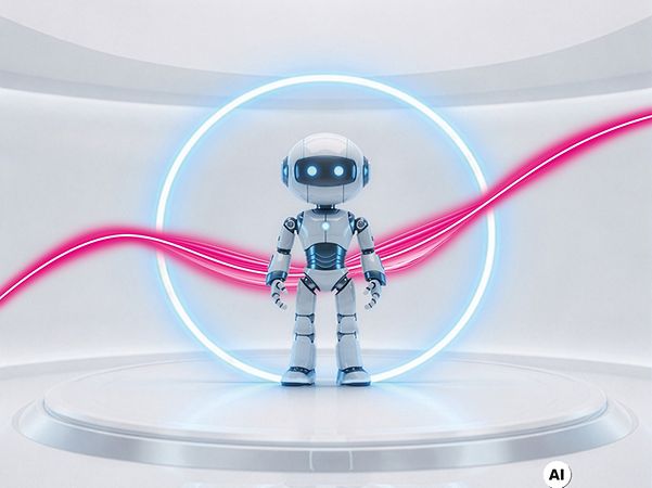 Weißer Robot in weißem Kreis als KI-Assistent