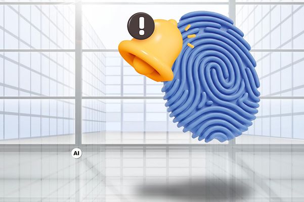 Blauer Fingerabdruck mit Alarmglocke als Warnhinweis