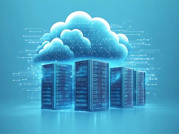 KI-generiertes Bild - Digitales Bild: Cloud und Rechenzentrum auf blauem Hintergrund, KI-generiert