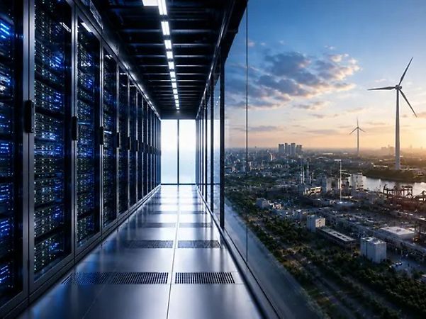 KI-generiertes Bild - Rechenzentrum, KI-Computing. Server-Racks verarbeiten KI-Workloads in einer Hochleistungsanlage