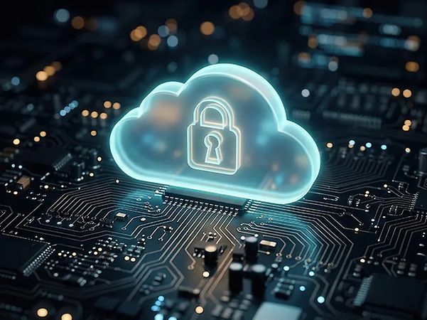 Leuchtendes Cloud-Symbol mit Schloss auf einer elektronischen Leiterplatte
