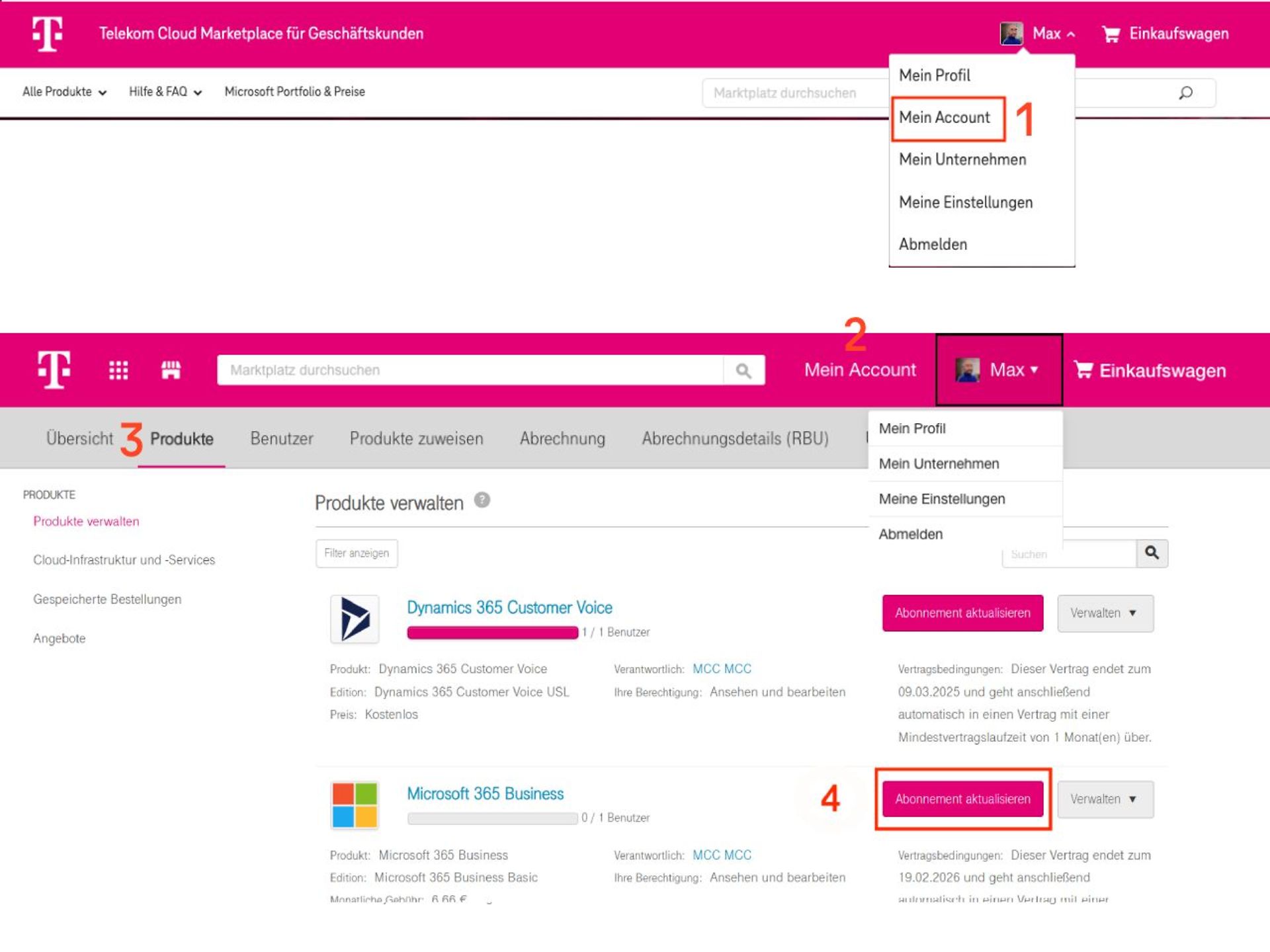 Screenshot: Navigation über Mein Account zu Produkte, Button Abonnement aktualisieren markiert.