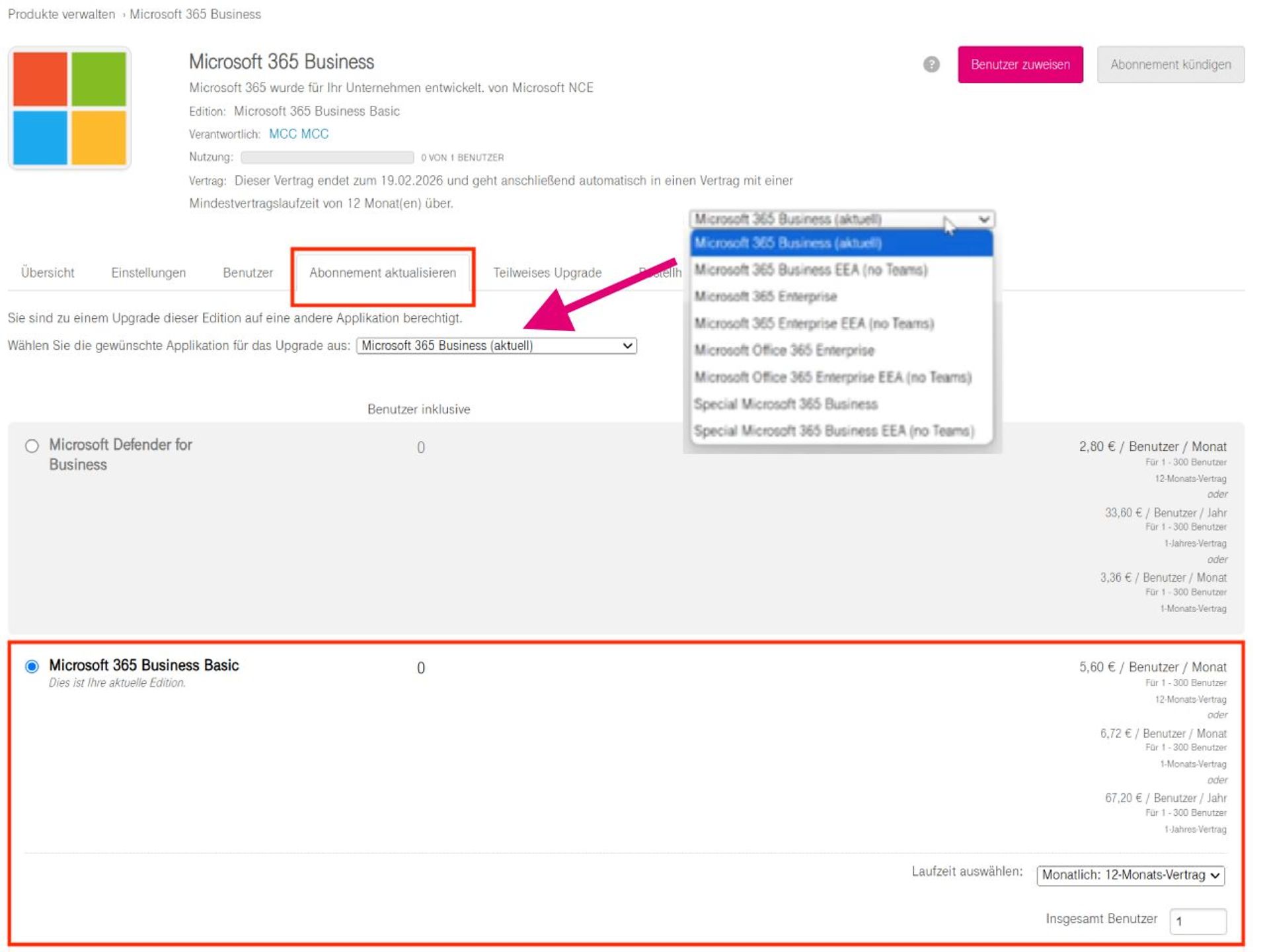Screenshot: Tab Abonnement aktualisieren, Dropdown zeigt wählbare Microsoft-365-Editionen für Upgrade.