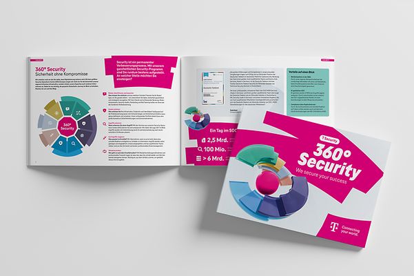 360°Security -modularer Kreis mit bunten Einzelelementen zur Visualisierung gesamtheitlicher Sicherheit vor magenta Flaechen