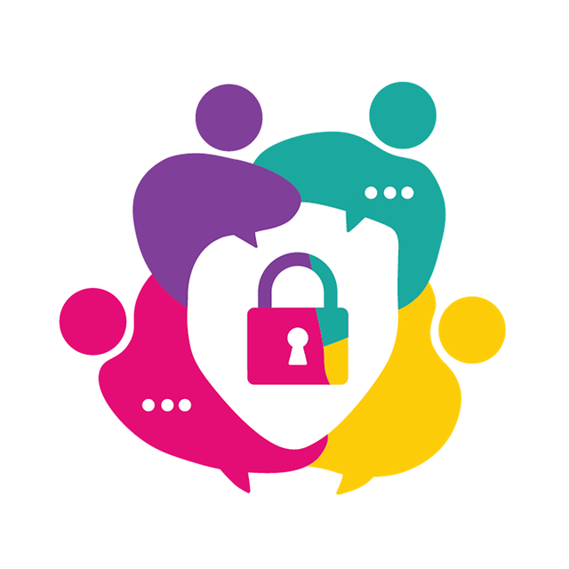 Tag der Sicherheit Key Visual - vier Bereiche als farbige Icons arbeiten sicher zusammen mittig um ein Schloss#