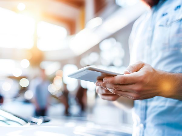 Mann ruft unterwegs seine Mails mit dem Tablet ab