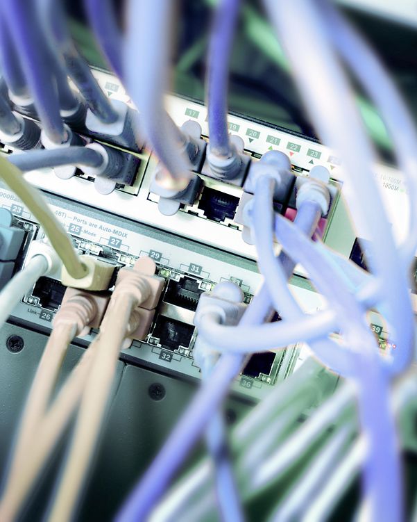 Foto eines Servers mit einer Menge LAN-Kabel