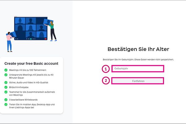 Bild zeigt die Seite von Zoom X mit Alterseingabe