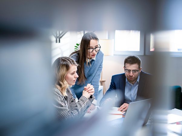 Kollegen besprechen sich im Büro am Schreibtisch zu Public Key Infrastructure