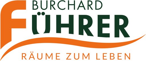 Logo-Schriftzug in orange und grün Burchard Führer Räume zum Leben
